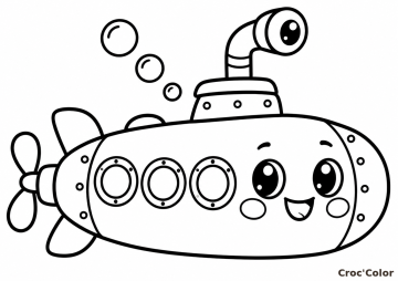 Coloriage Sous-Marin Kawaii Facile – Dessin Sous-Marin Rigolo, Périscope, Hublots et Bulles à Imprimer Gratuit