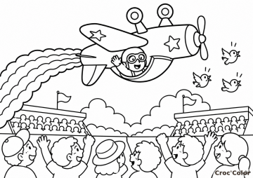 Coloriage Spectacle d'Avion et Public Maternelle - Dessin Petit Pilote de Voltige Facile à Imprimer Gratuit