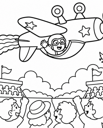 Coloriage Spectacle d'Avion et Public Maternelle - Dessin Petit Pilote de Voltige Facile à Imprimer Gratuit