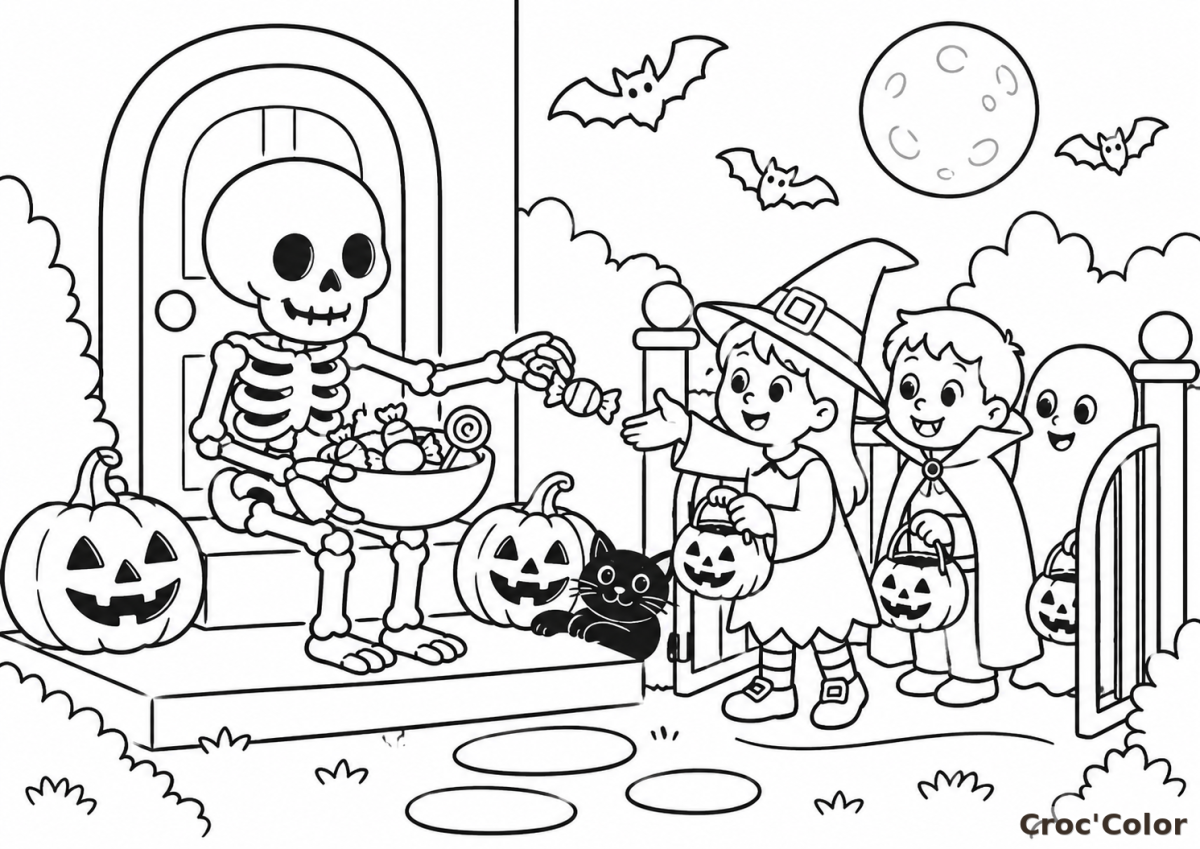 Coloriage Squelette Distribue Bonbons Halloween - Dessin Enfants Déguisés, Sorcière, Vampire, Chat Noir et Pleine Lune à Imprimer Gratuit