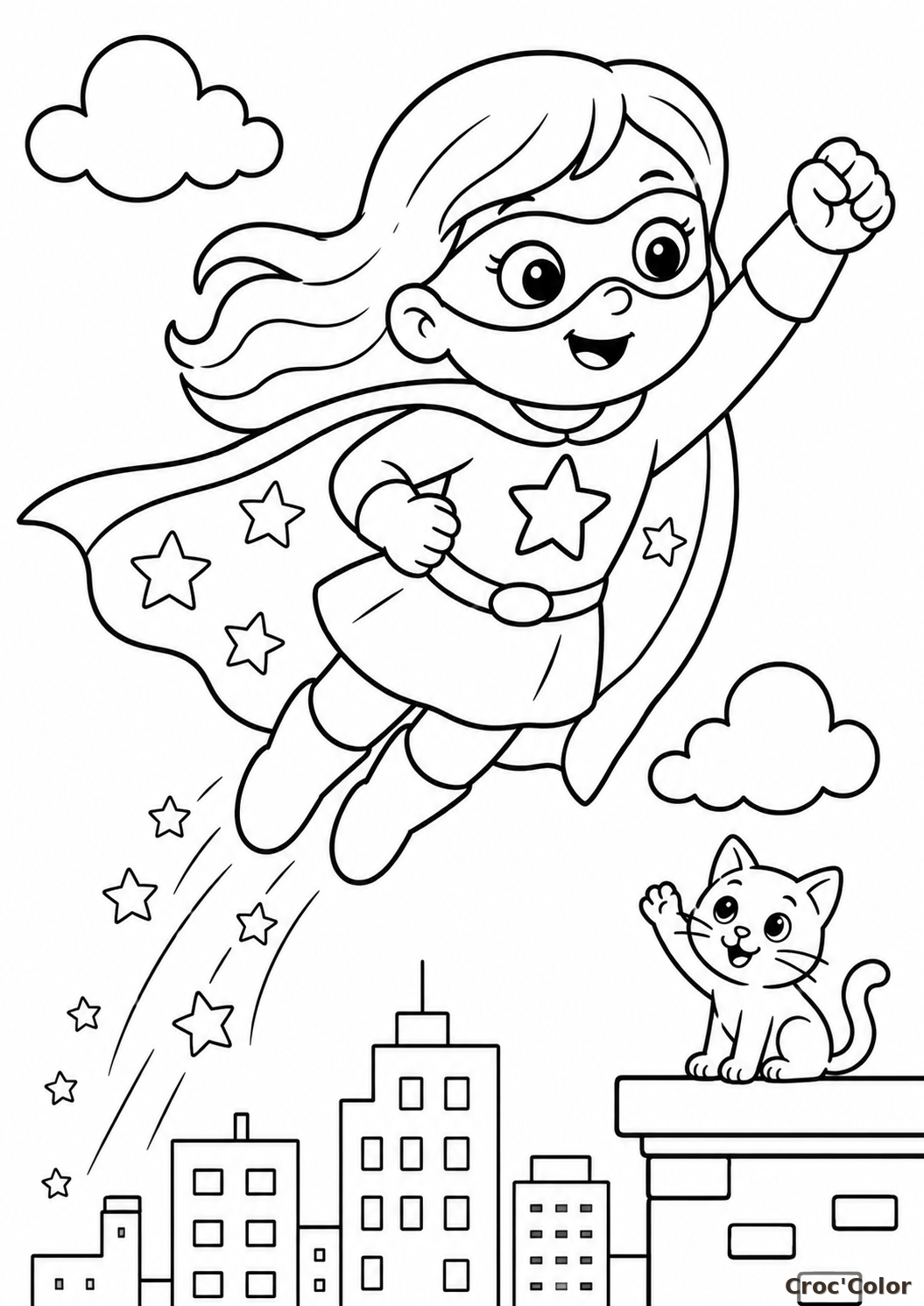 Coloriage Super-Héroïne en Vol et Chaton - Dessin Fille Super-Héros, Cape d'Étoiles, Ville et Chat à Imprimer Gratuit