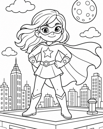 Coloriage Super-Héroïne Facile - Dessin Fille Super-Héros Ville à Imprimer Gratuit
