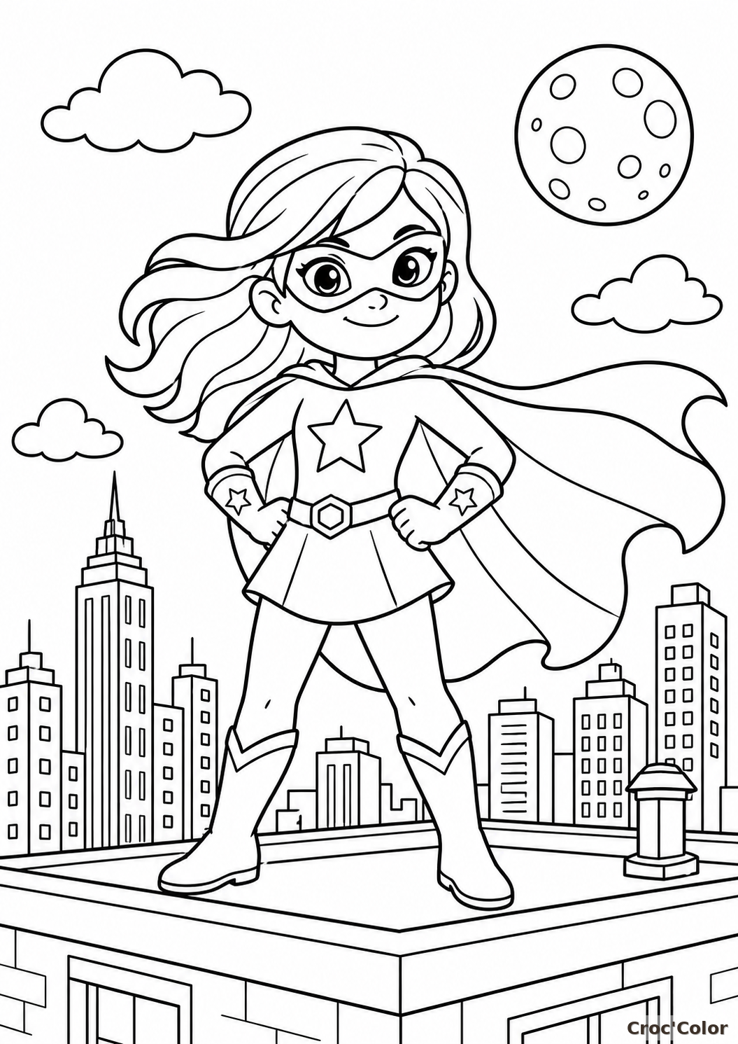 Coloriage Super-Héroïne Facile - Dessin Fille Super-Héros Ville à Imprimer Gratuit