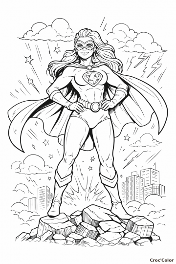 Coloriage Super-Héroïne Femme - Dessin Justicière en Cape à Imprimer Gratuit