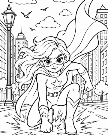 Coloriage Super-Héroïne Étoile en Ville - Dessin Fille Justicière à Imprimer Gratuit