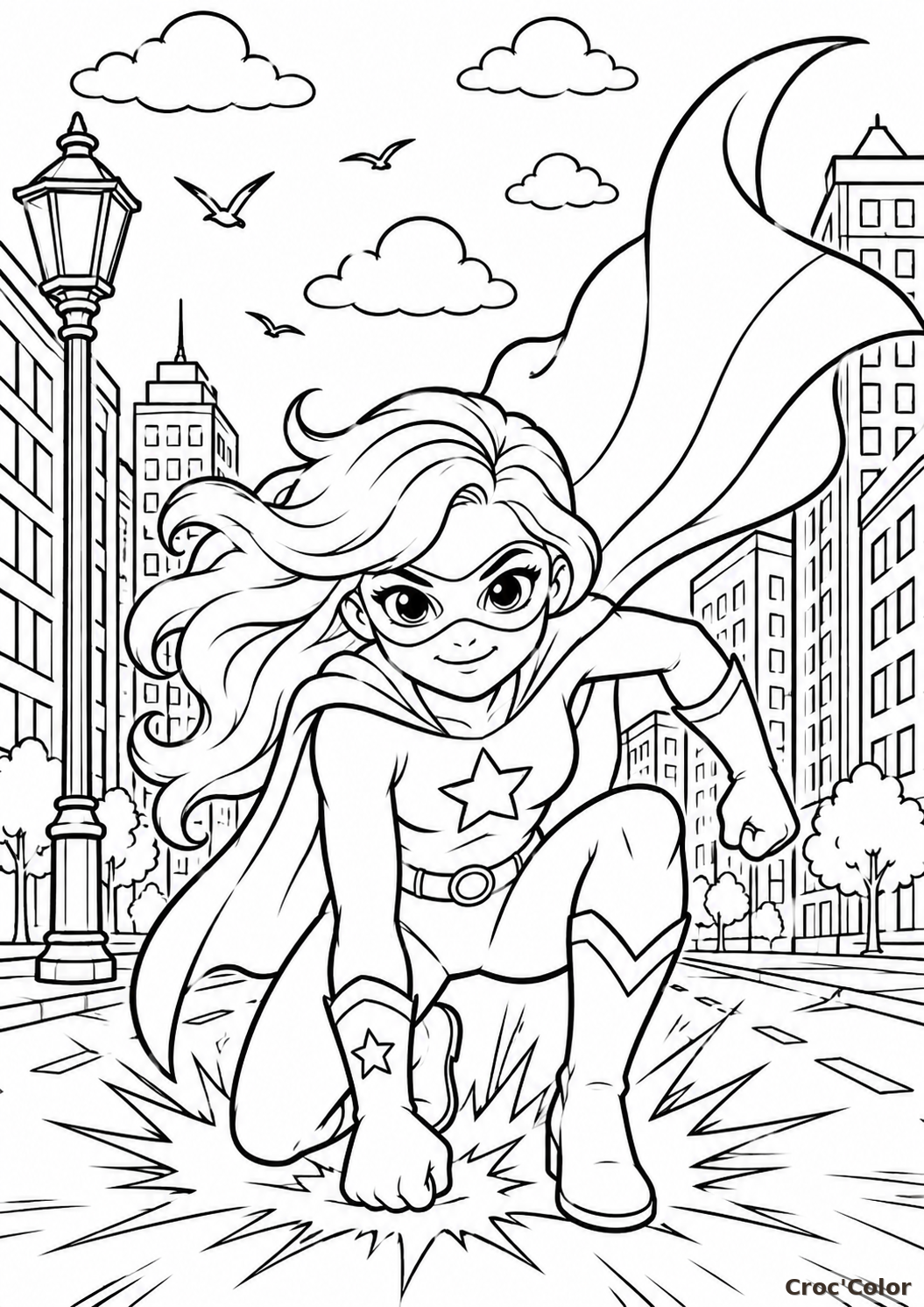 Coloriage Super-Héroïne Étoile en Ville - Dessin Fille Justicière à Imprimer Gratuit