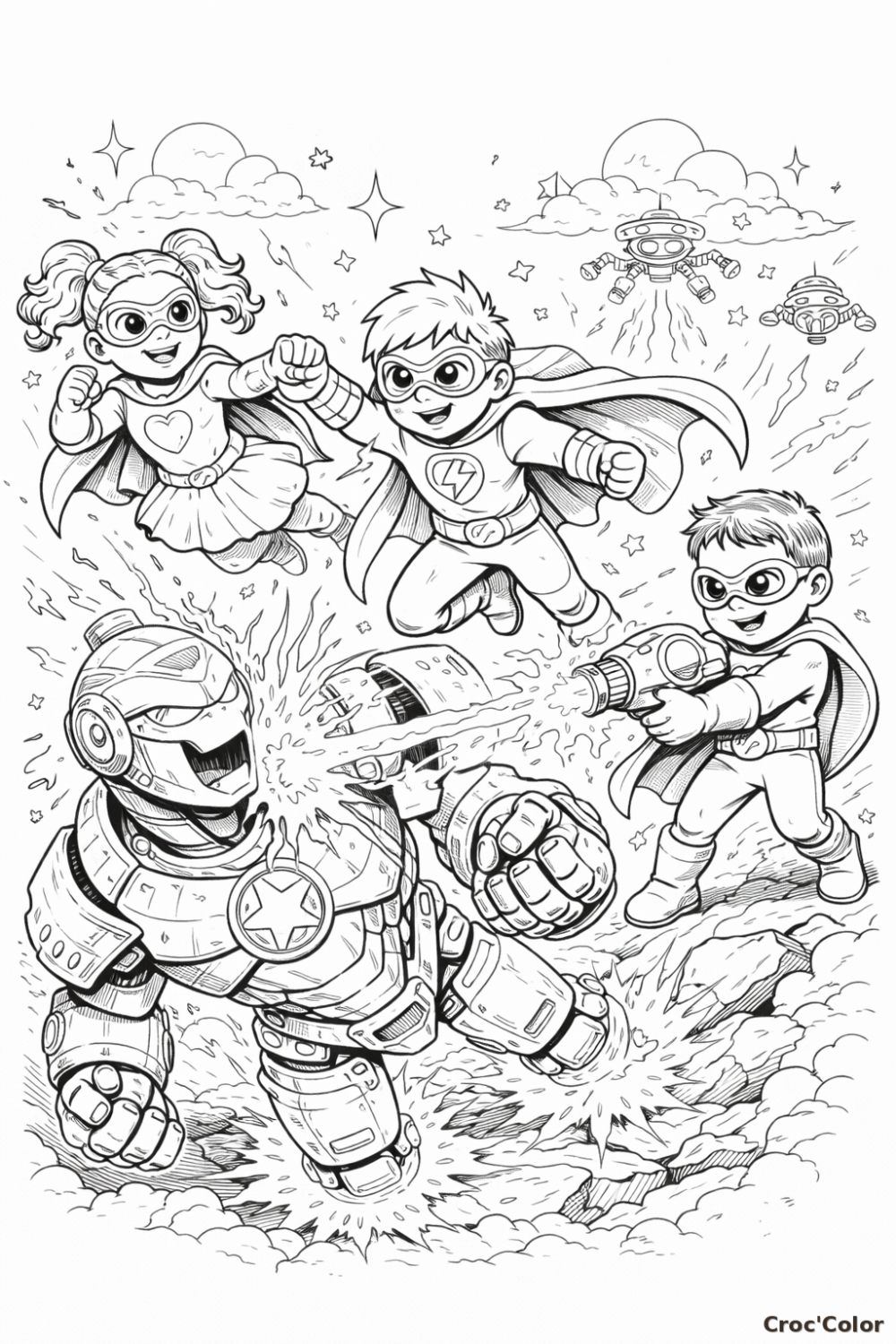 Coloriage Super-Héros Contre Robot Géant - Dessin Combat Comics à Imprimer Gratuit
