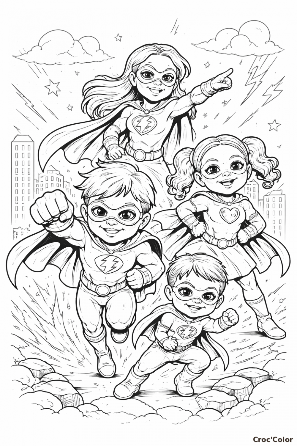 Coloriage Super-Héros Facile - Dessin Équipe de Petits Super-Héros en Mission à Imprimer Gratuit