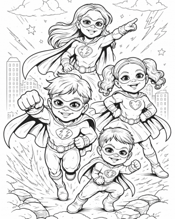 Coloriage Super-Héros Facile - Dessin Équipe de Petits Super-Héros en Mission à Imprimer Gratuit