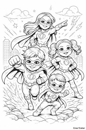 Coloriage Super-Héros Facile - Dessin Équipe de Petits Super-Héros en Mission à Imprimer Gratuit