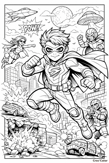 Coloriage Super-Héros Garçon en Ville - Dessin Action Comics à Imprimer Gratuit