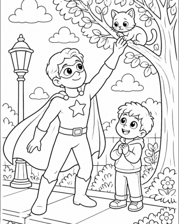 Coloriage Super-Héros Sauve un Chat - Dessin Justicier et Arbre à Imprimer Gratuit