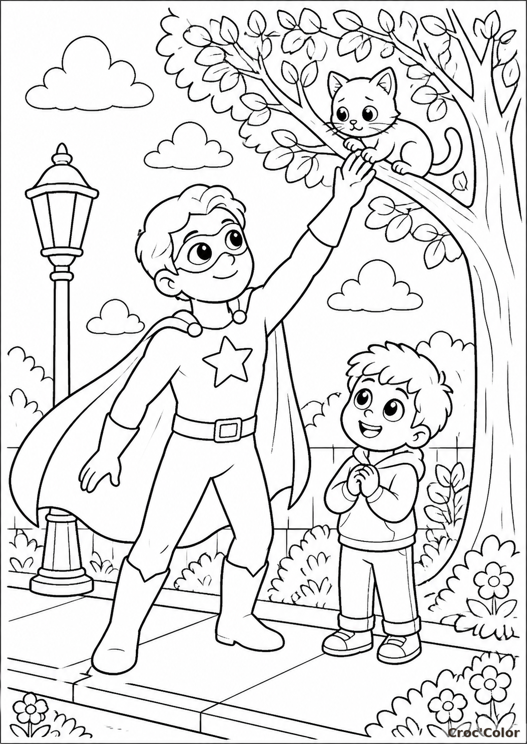 Coloriage Super-Héros Sauve un Chat - Dessin Justicier et Arbre à Imprimer Gratuit