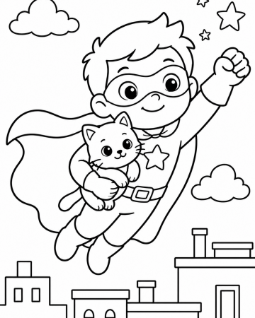Coloriage Super-Héros Chat Facile - Dessin Justicier Volant Maternelle à Imprimer Gratuit