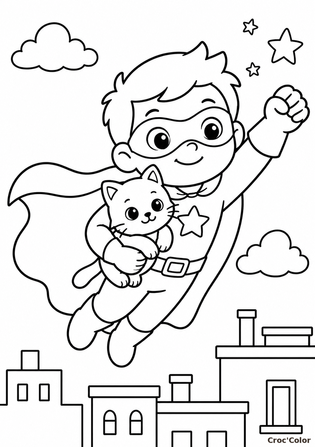 Coloriage Super-Héros Chat Facile - Dessin Justicier Volant Maternelle à Imprimer Gratuit