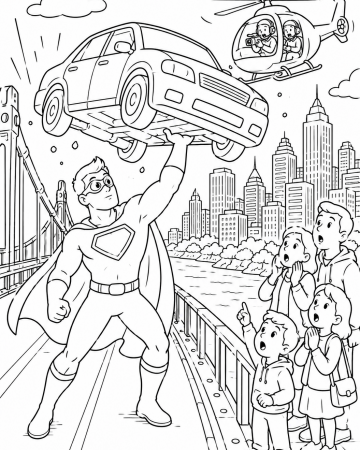Coloriage Super-Héros Sauvetage Ville - Dessin Super-Héros Soulève une Voiture à Imprimer Gratuit