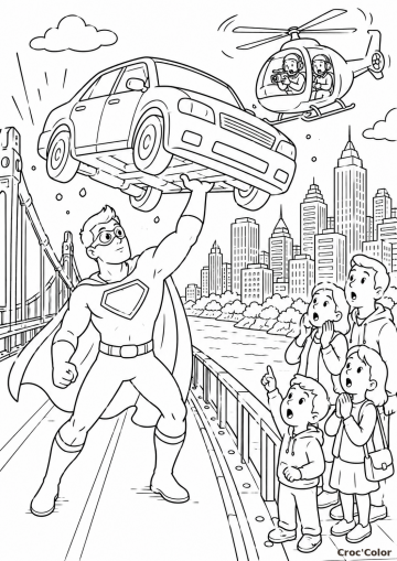 Coloriage Super-Héros Sauvetage Ville - Dessin Super-Héros Soulève une Voiture à Imprimer Gratuit