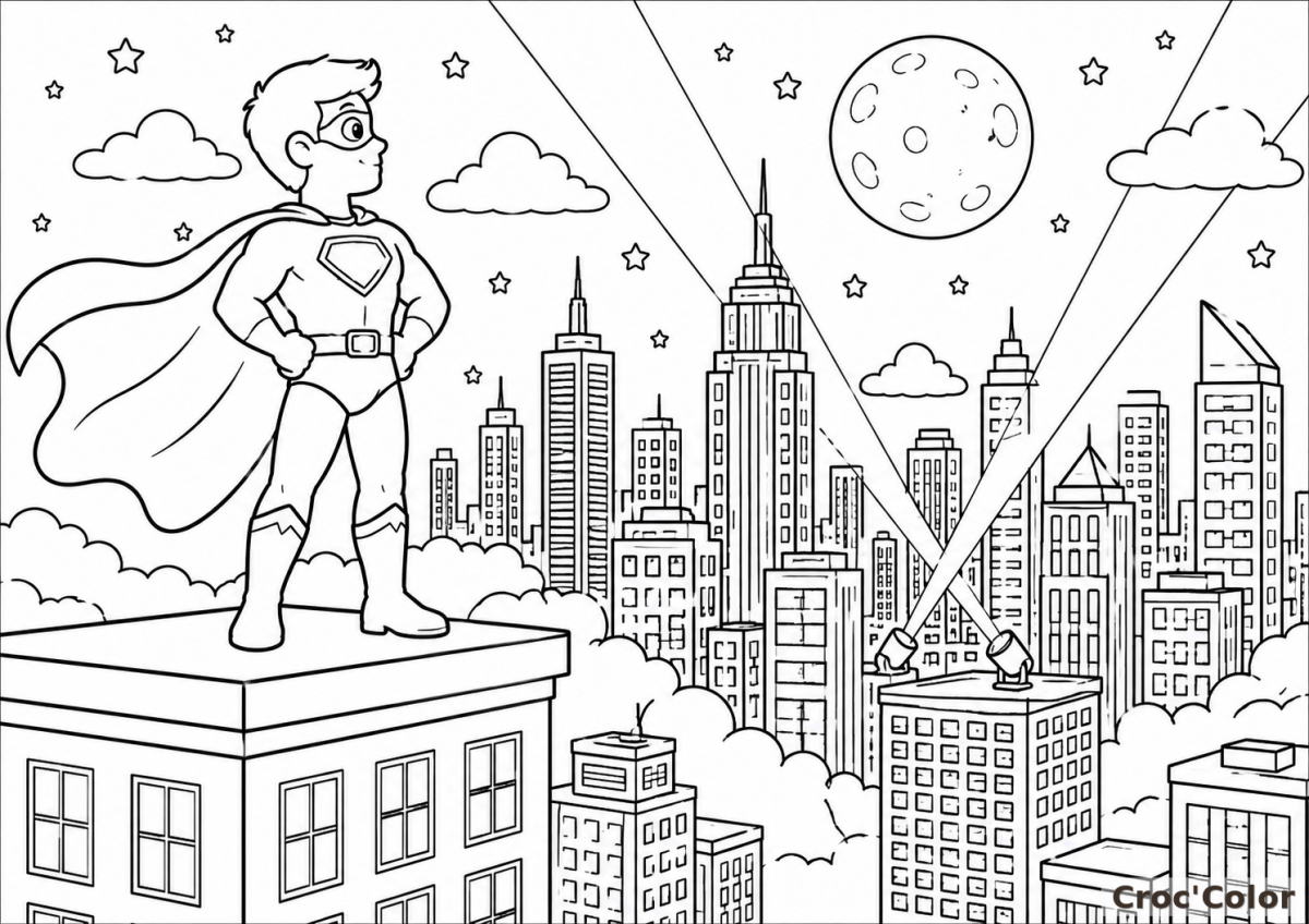 Coloriage Super-Héros sur un Toit Facile - Dessin Justicier Veille sur la Ville à Imprimer Gratuit