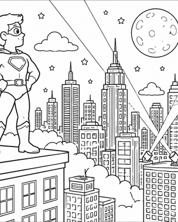 Coloriage Super-Héros sur un Toit Facile - Dessin Justicier Veille sur la Ville à Imprimer Gratuit
