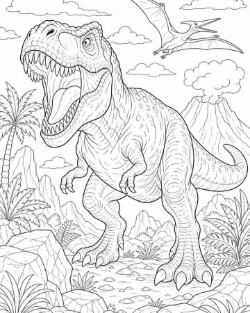 Coloriage T-Rex rugissant - Dinosaure préhistorique à imprimer