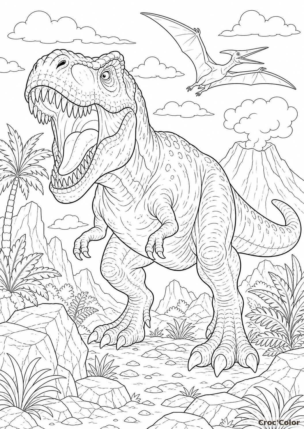 Coloriage T-Rex rugissant - Dinosaure préhistorique à imprimer