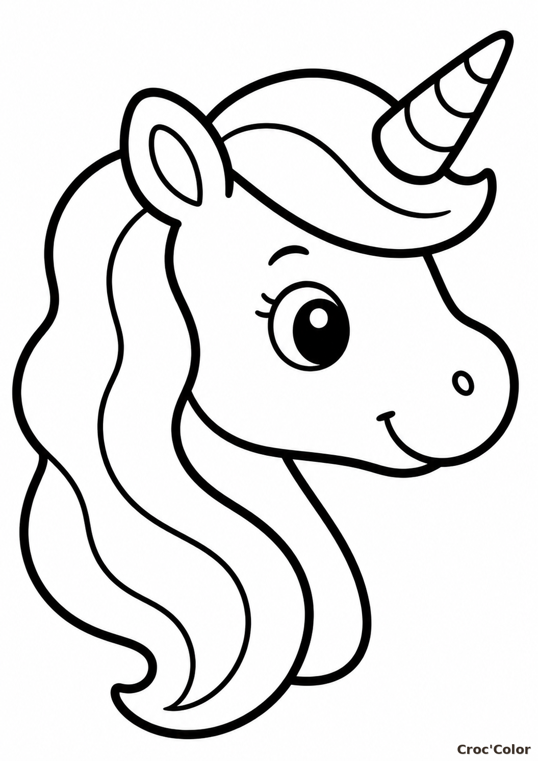 Coloriage Tête de Licorne Kawaii Facile Maternelle - Dessin Licorne, Corne Magique et Crinière à Imprimer Gratuit