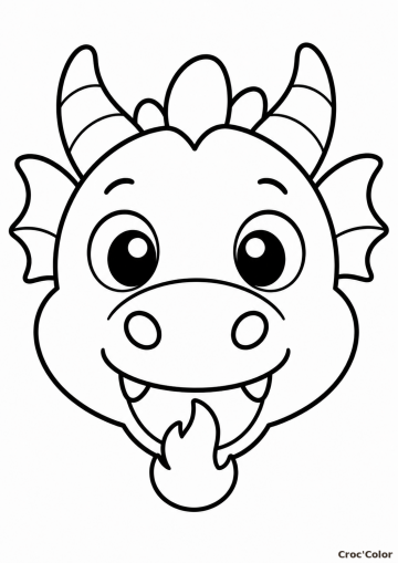 Coloriage Tête de Petit Dragon Facile Maternelle - Dessin Dragon Mignon, Cornes et Petite Flamme à Imprimer Gratuit