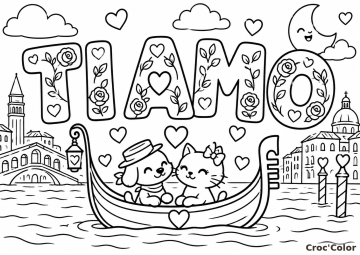 Coloriage Ti Amo Saint-Valentin Venise - Dessin Chien et Chat en Gondole, Mot Ti Amo, Pont de Rialto et Cœurs à Imprimer Gratuit
