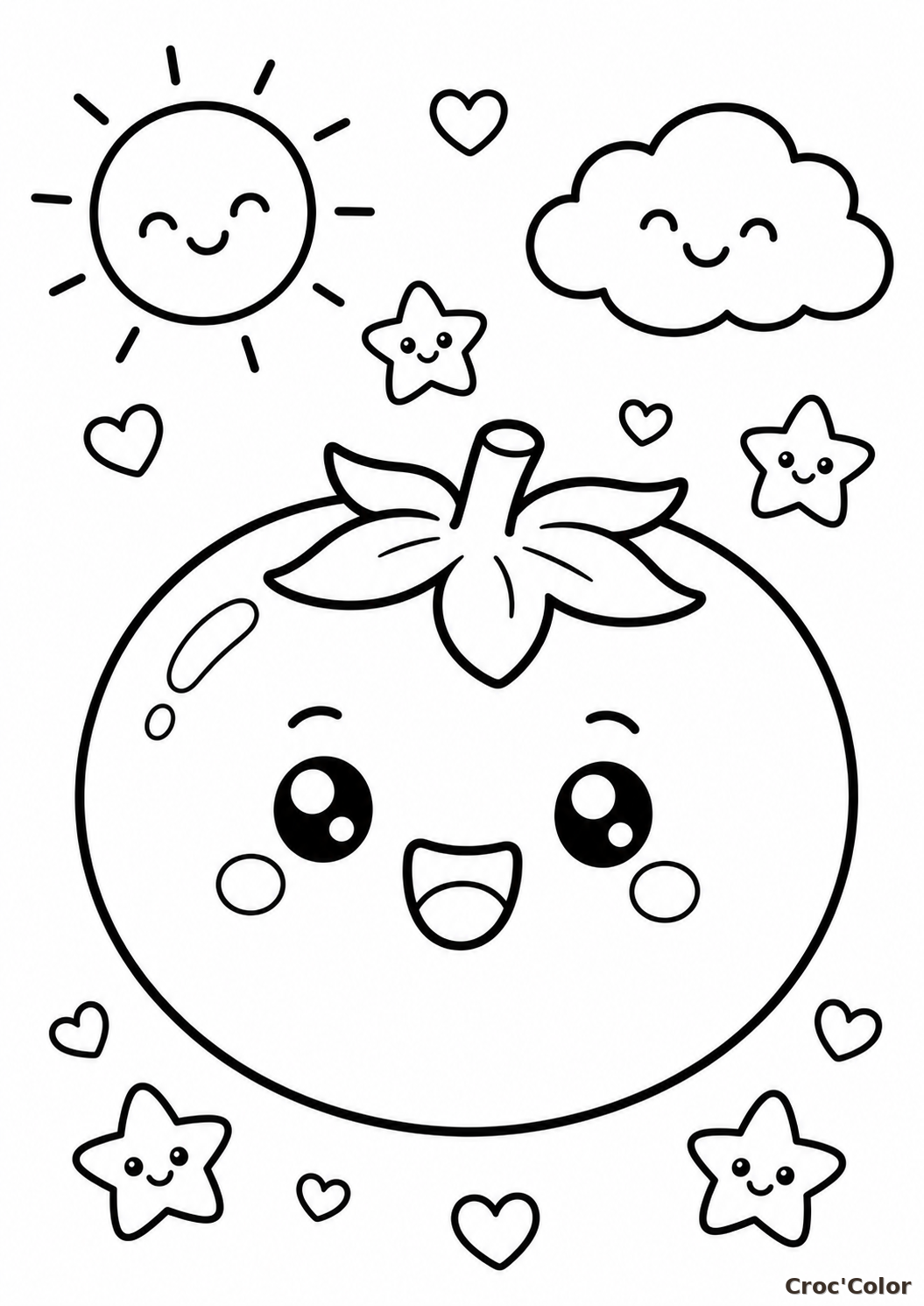 Coloriage Tomate Kawaii Rigolote - Dessin de Légume Facile à Imprimer