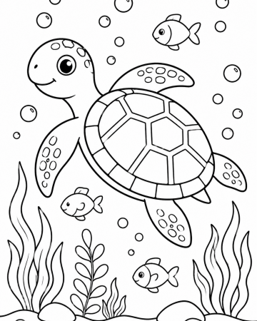 Coloriage Tortue de Mer Facile - Dessin Tortue Marine et Poissons à Imprimer Gratuit