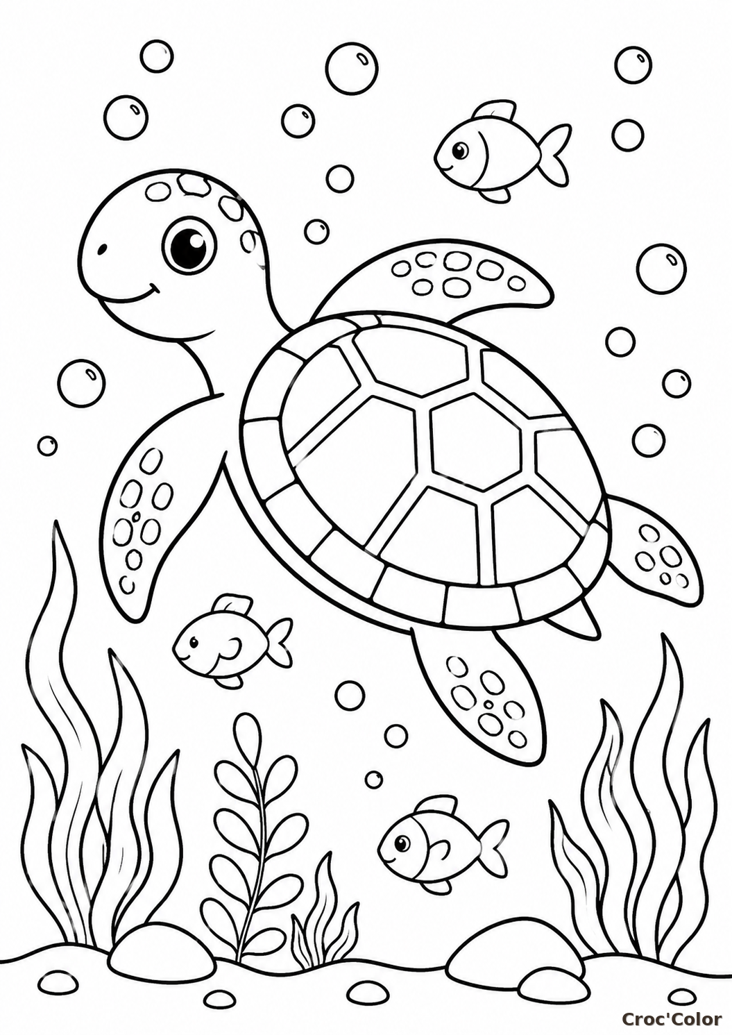 Coloriage Tortue de Mer Facile - Dessin Tortue Marine et Poissons à Imprimer Gratuit