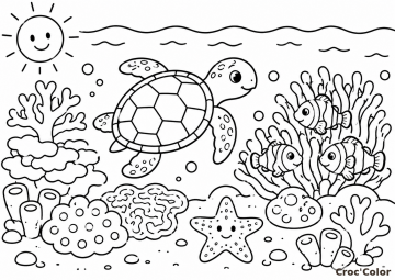 Coloriage Tortue Marine et Poissons-Clowns dans les Récifs - Dessin Tortue de Mer, Étoile de Mer et Coraux à Imprimer Gratuit