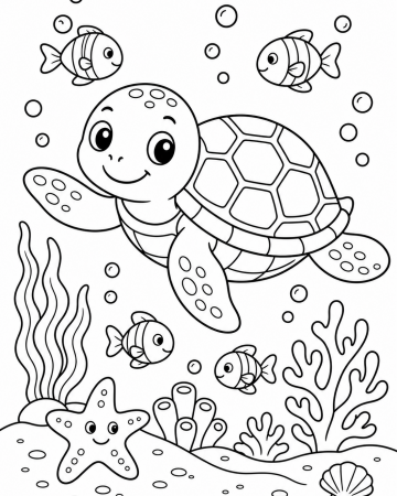 Coloriage tortue de mer sous l’océan - Dessin marin à imprimer