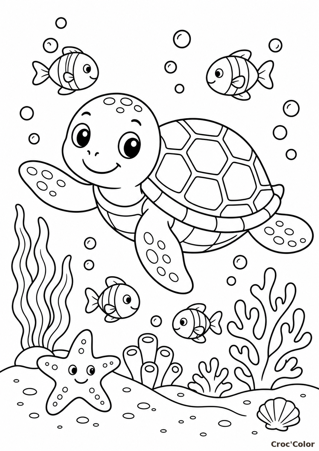 Coloriage tortue de mer sous l’océan - Dessin marin à imprimer
