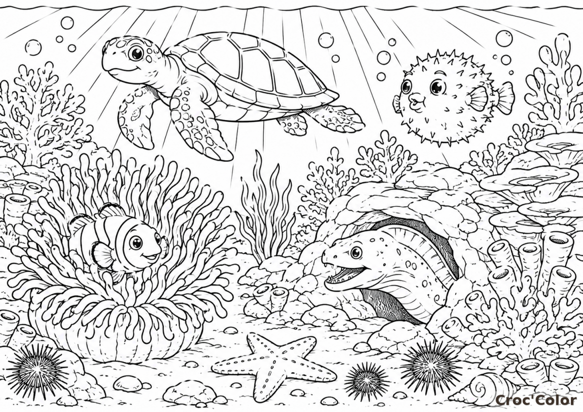 Coloriage Tortue de Mer et Récif Corallien - Dessin Fond Marin et Poissons à Imprimer Gratuit