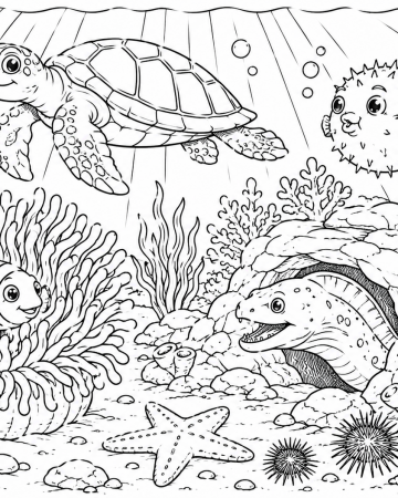 Coloriage Tortue de Mer et Récif Corallien - Dessin Fond Marin et Poissons à Imprimer Gratuit