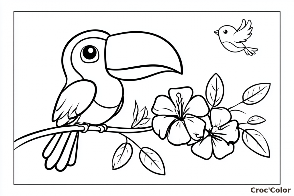 Coloriage Toucan et Fleurs d'Hibiscus Maternelle - Dessin Oiseau Exotique Facile à Imprimer Gratuit