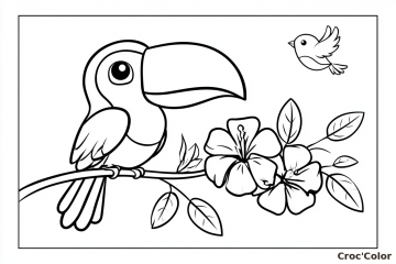 Coloriage Toucan et Fleurs d'Hibiscus Maternelle - Dessin Oiseau Exotique Facile à Imprimer Gratuit