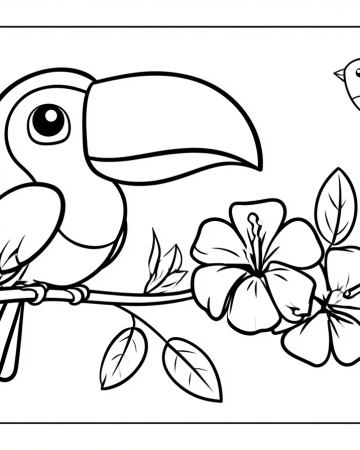 Coloriage Toucan et Fleurs d'Hibiscus Maternelle - Dessin Oiseau Exotique Facile à Imprimer Gratuit