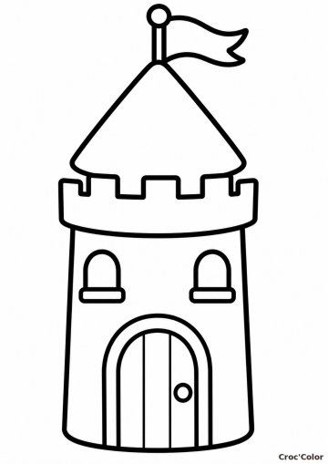 Coloriage Tour de Château Fort Facile Maternelle - Dessin Tour Médiévale, Porte et Drapeau à Imprimer Gratuit