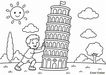 Coloriage Tour de Pise et Garçon en Italie - Dessin Tour Penchée, Italie, Soleil et Cyprès à Imprimer Gratuit