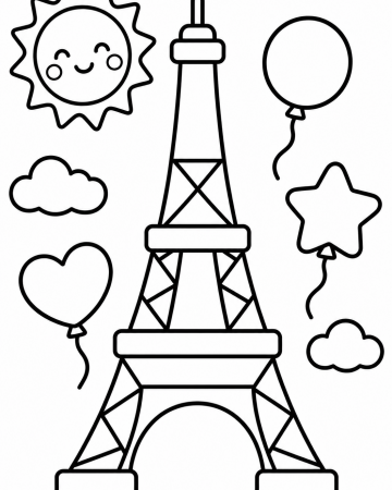 Coloriage Tour Eiffel kawaii avec ballons à imprimer gratuitement
