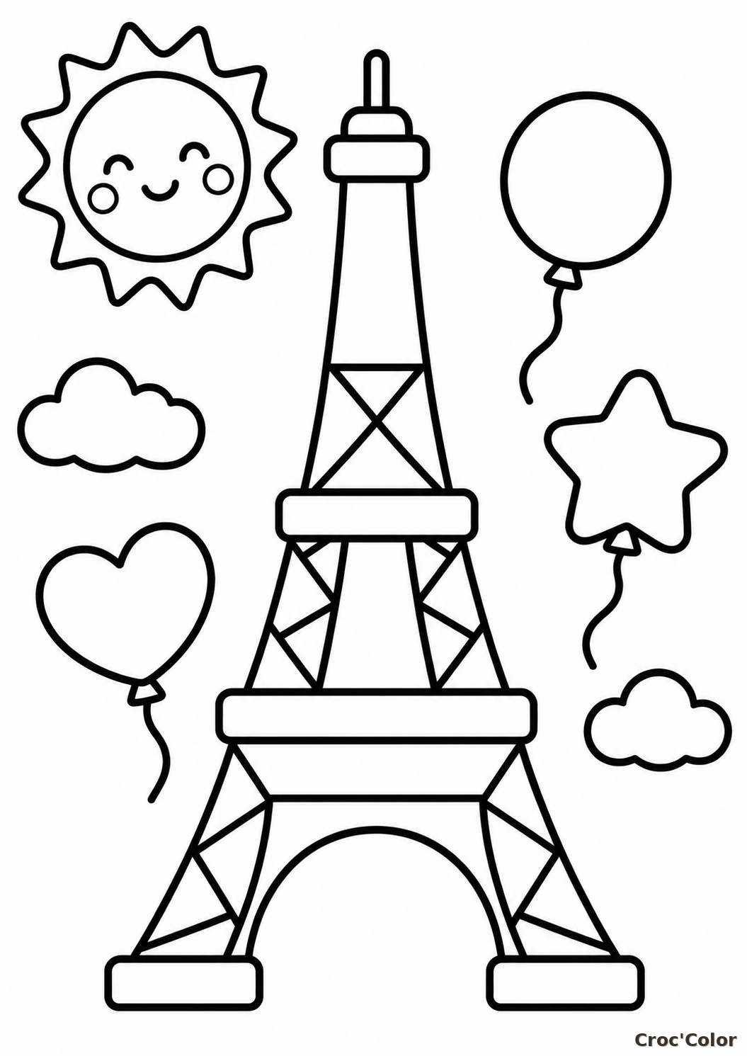 Coloriage Tour Eiffel kawaii avec ballons à imprimer gratuitement