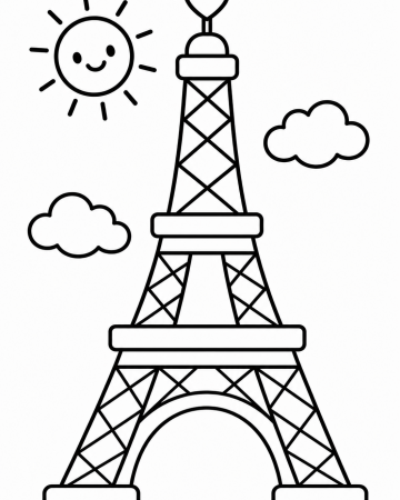 Coloriage Tour Eiffel kawaii - Dessin facile de Paris à imprimer