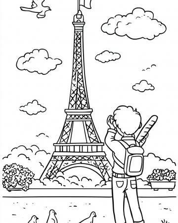 Coloriage Tour Eiffel Facile Maternelle - Dessin Petit Touriste à Paris à Imprimer Gratuit
