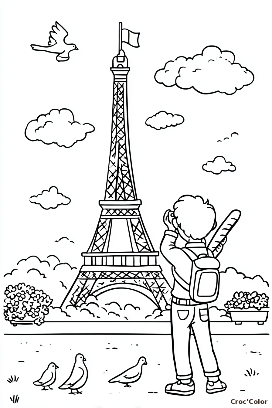 Coloriage Tour Eiffel Facile Maternelle - Dessin Petit Touriste à Paris à Imprimer Gratuit