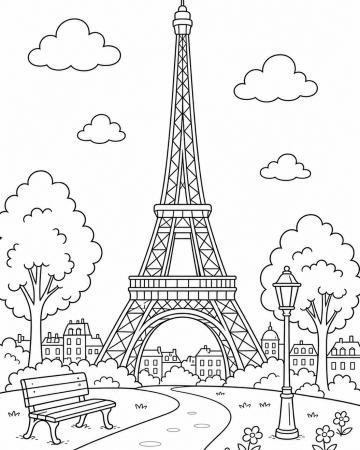 Coloriage Tour Eiffel et Paysage de Paris - Dessin à Imprimer Gratuit