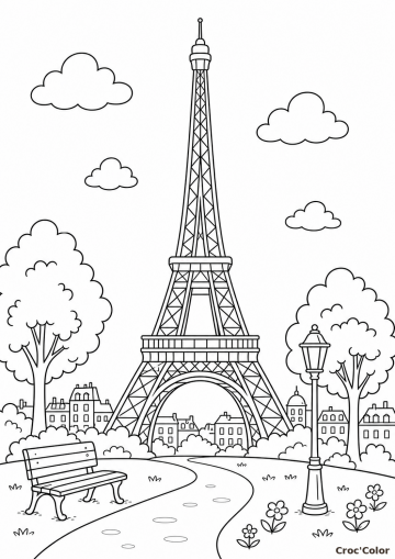 Coloriage Tour Eiffel et Paysage de Paris - Dessin à Imprimer Gratuit