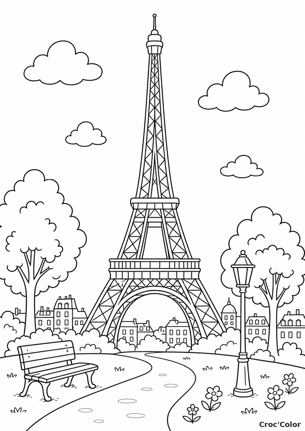 Coloriage Tour Eiffel et Paysage de Paris - Dessin à Imprimer Gratuit