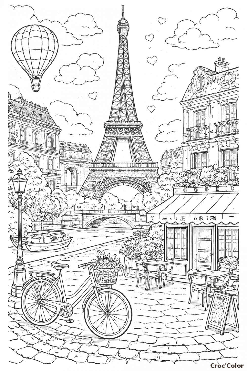 Coloriage Tour Eiffel et Terrasse de Café à Paris - Dessin Paysage Parisien à Imprimer